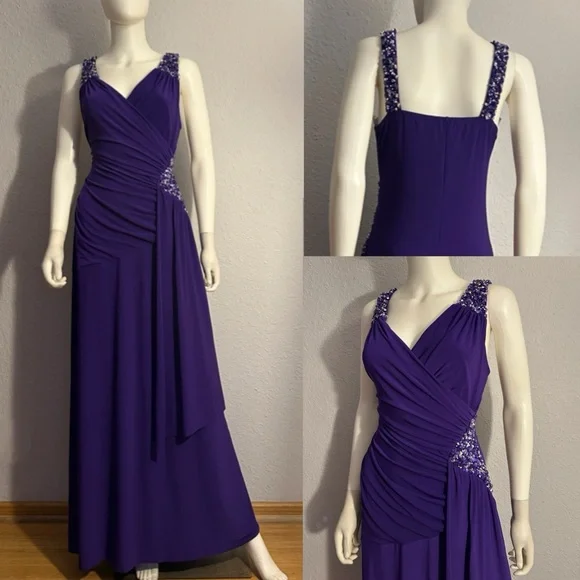 NWT WOMEN PLUS SIZE FORMAL A-LINE LONG WRAP DRESS EMBELLISHED SURPLICE NECK GOWN Maxi